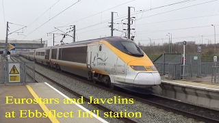 Eurostar and Javelin trains at Ebbsfleet International station UKs Ηigh Speed 1 line [upl. by Nyrrat]