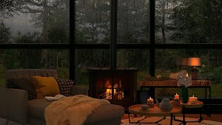 Cozy room ambience ASMR🌙 Rain on window sounds with crackling fire for sleep study relaxation [upl. by Cobbie]