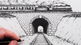 How to Draw using 1Point Perspective Train Track and Tunnel [upl. by Eceinert]