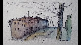 A pen and wash demonstration with Soluble Ink and Watercolour Street Scene Peter Sheeler [upl. by Goldfarb]