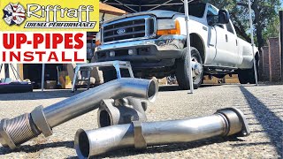 2001 F350 73  RiffRaff UpPipes Install  Stock up pipes leaking and falling apart JUNK SP [upl. by Ojillek]