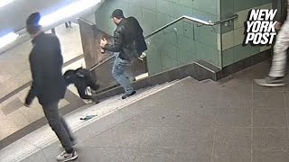 Drunk hooligan viciously kicks woman down subway stairs  New York Post [upl. by Nnairrek]