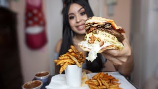 FIVE GUYS BACON CHEESEBURGER  CAJUN FRIES MUKBANG EATING SHOW  WATCH ME EAT [upl. by Elijah308]