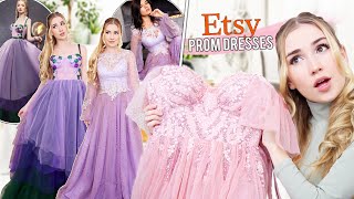 TRYING ON ETSY PROM DRESSES   most beautiful dresses ever [upl. by Mahau]